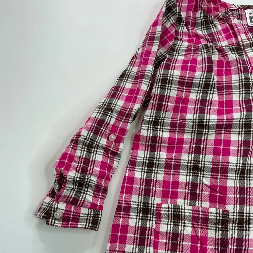 Carter's Pink Plaid Tunic Top Kids Size 6 Roll-Tab Sleeve Cotton Henley